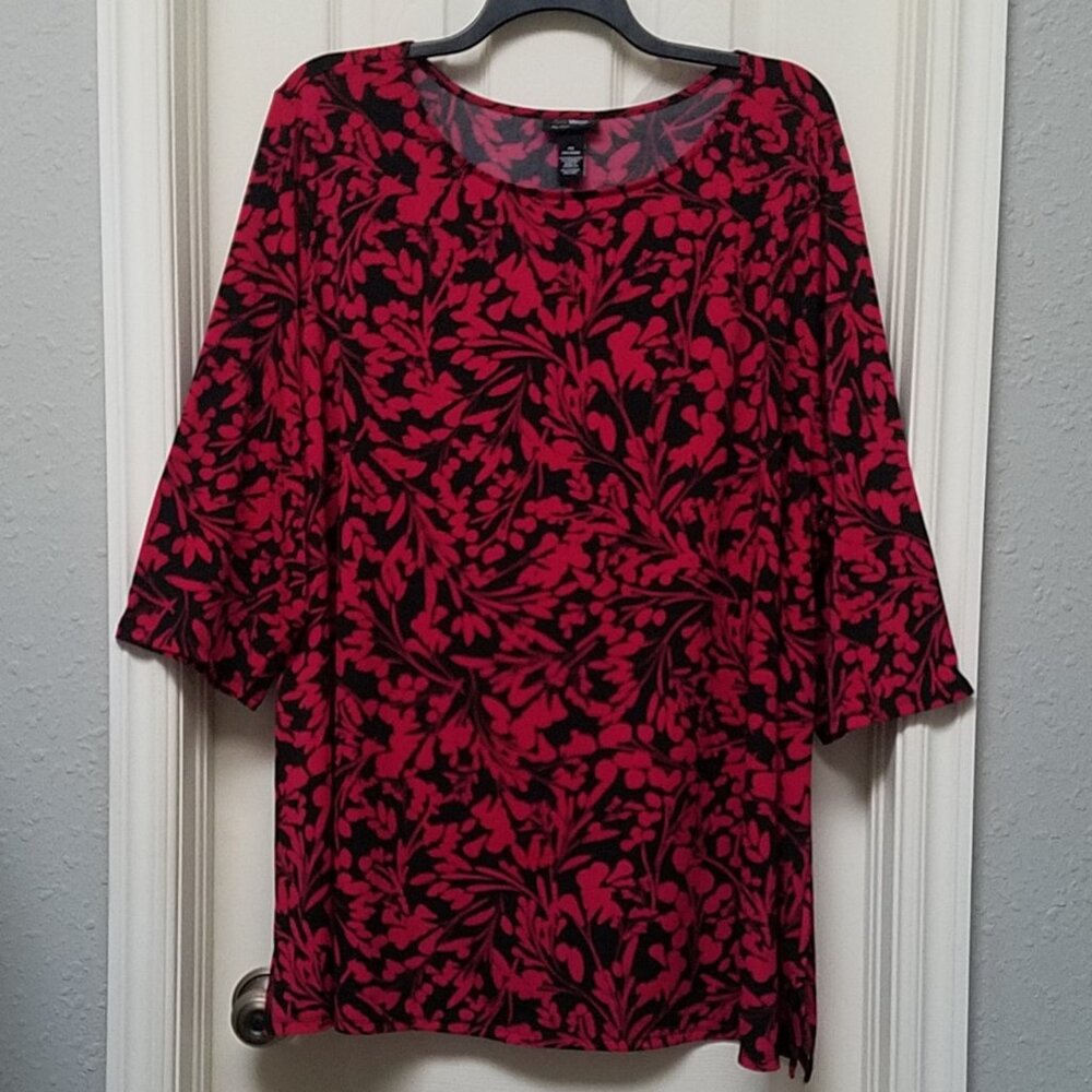 Any Wear by CATHERINES Tunic Red Black Leaf Print Pullover 3/4 Sleeve 4X 30/32